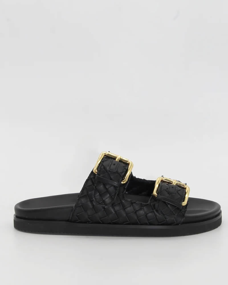 Human Shoes Blair Tan Woven Leather Double Buckle Slides