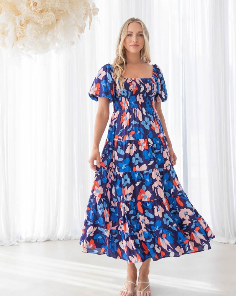 Ebby + I Lola Shirred Bodice Tiered Maxi Dress