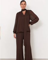 Adorne Penelope Long Sleeve Tie Neck Blouse Chocolate