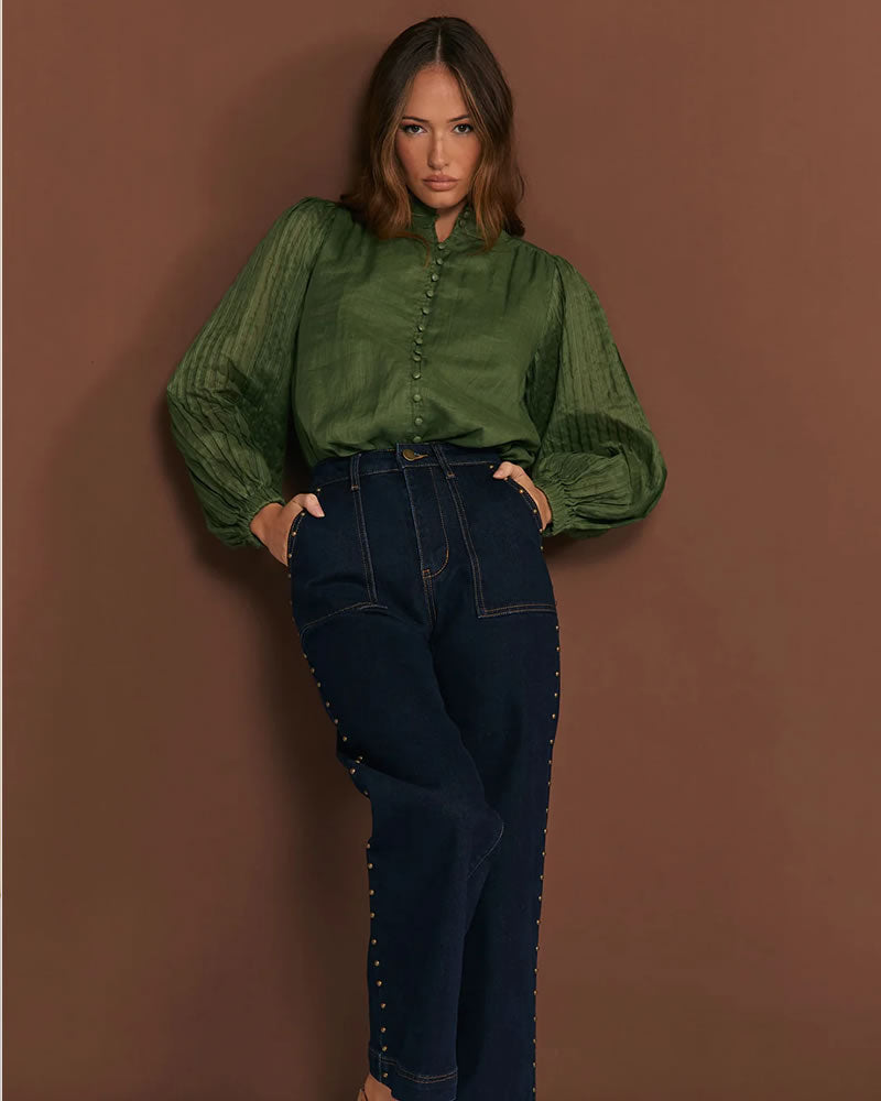 Adorne Rosy Pleated SleeveBlouse Khaki