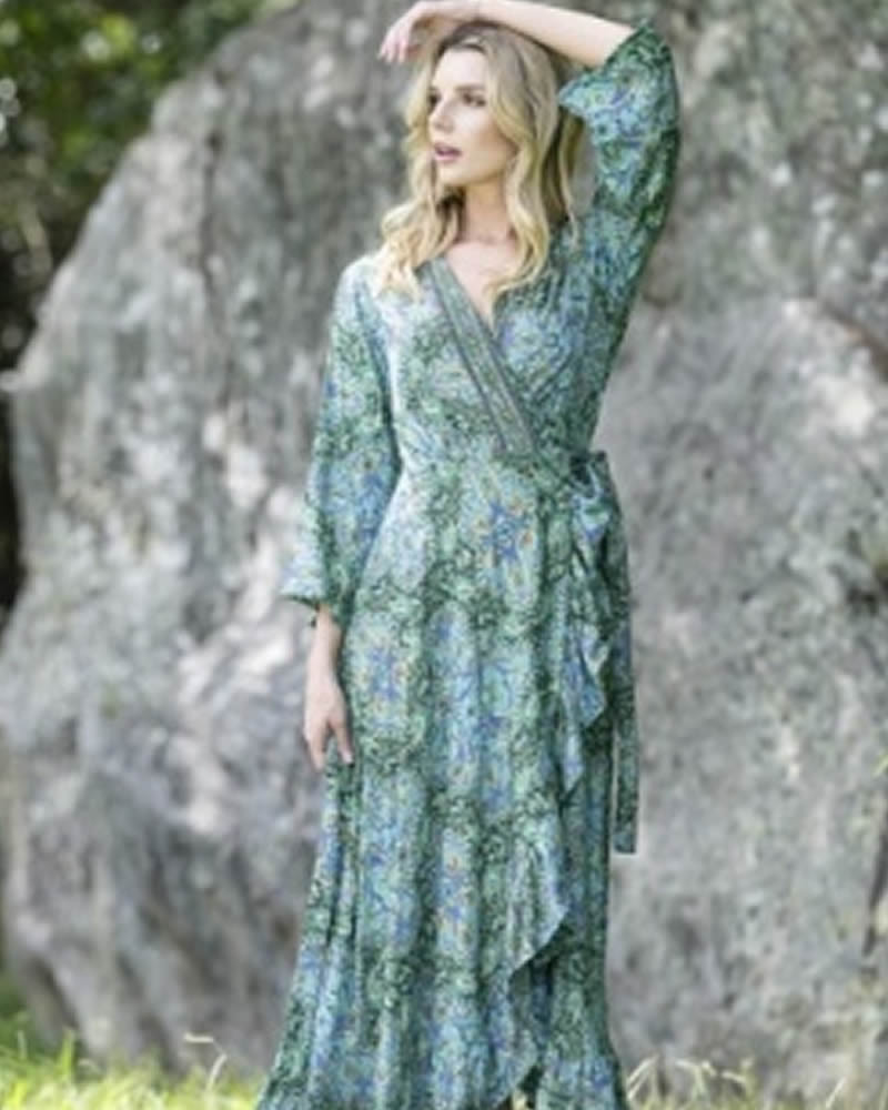 Cienna Lucinda Wrap Dress Emerald Green Silk Blend