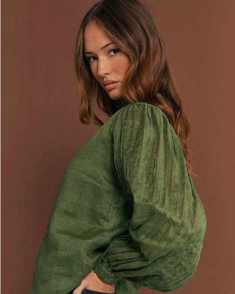 Adorne Rosy Pleated SleeveBlouse Khaki