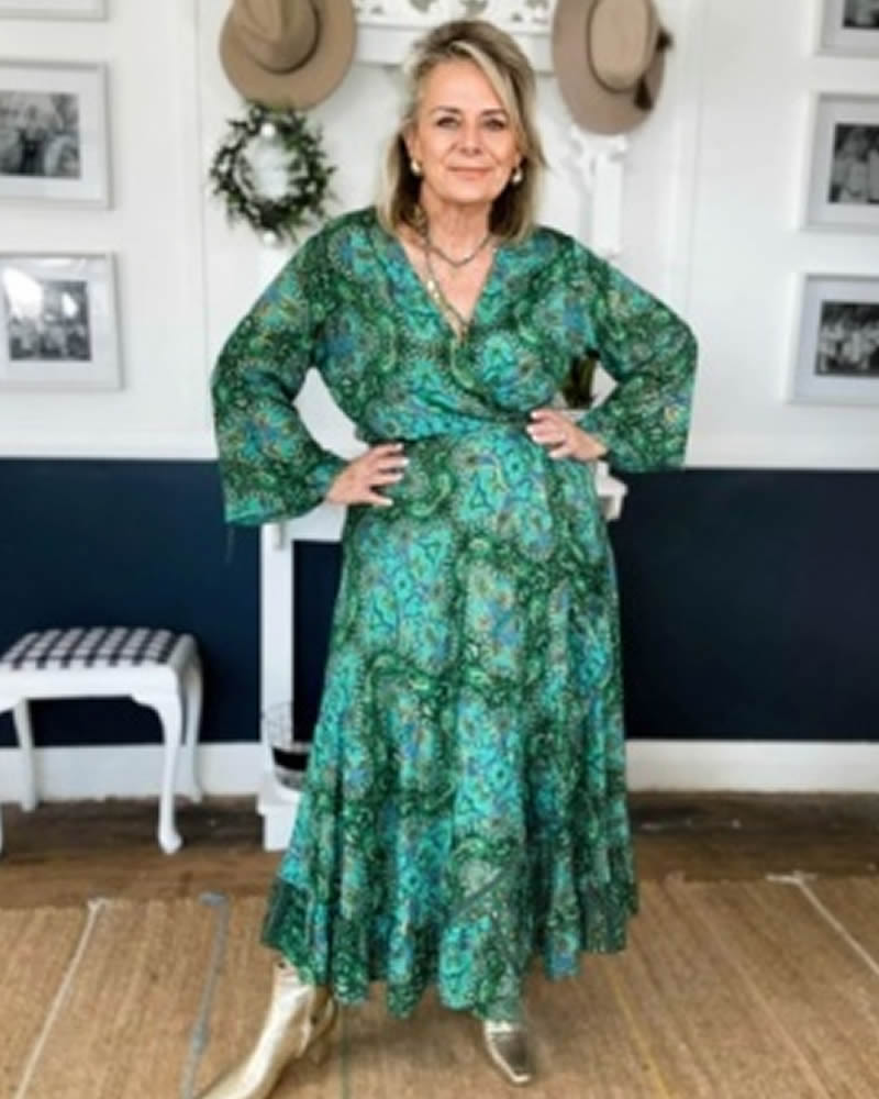 Cienna Lucinda Wrap Dress Emerald Green Silk Blend