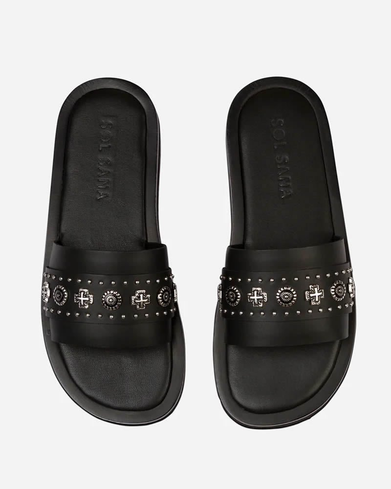 Sol Sana Cleo Leather Slides with Contrasting Metal Hardware