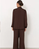 Adorne Penelope Long Sleeve Tie Neck Blouse Chocolate