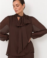 Adorne Penelope Long Sleeve Tie Neck Blouse Chocolate