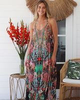 Peacock Feather Lucy Strappy Maxi Dress Multi Print Beaded Front