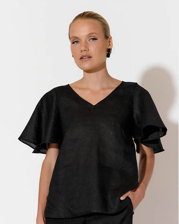  Adorne Theo Black Linen Short Sleeve Flutter top