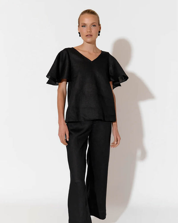  Adorne Theo Black Linen Short Sleeve Flutter top