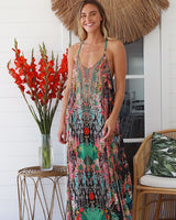 Peacock Feather Lucy Strappy Maxi Dress Multi Print Beaded Front