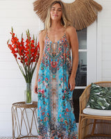 Peacock Feather Lucy Strappy Maxi Dress Multi Print Beaded Front