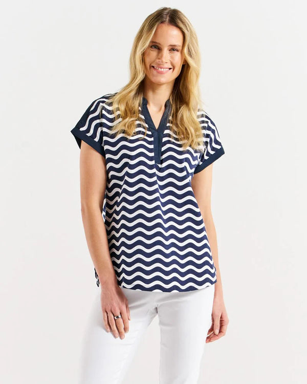  Betty Basics Bridie T-Shirt Top Navy Wave Stripe