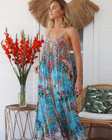 Peacock Feather Lucy Strappy Maxi Dress Multi Print Beaded Front