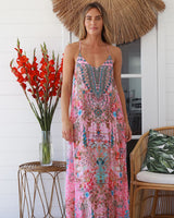 Peacock Feather Lucy Strappy Maxi Dress Multi Print Beaded Front