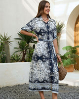 Mutig Paisley Print Shirt Dress Belted Navy/White