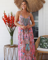 Peacock Feather Lucy Strappy Maxi Dress Multi Print Beaded Front