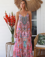 Peacock Feather Lucy Strappy Maxi Dress Multi Print Beaded Front