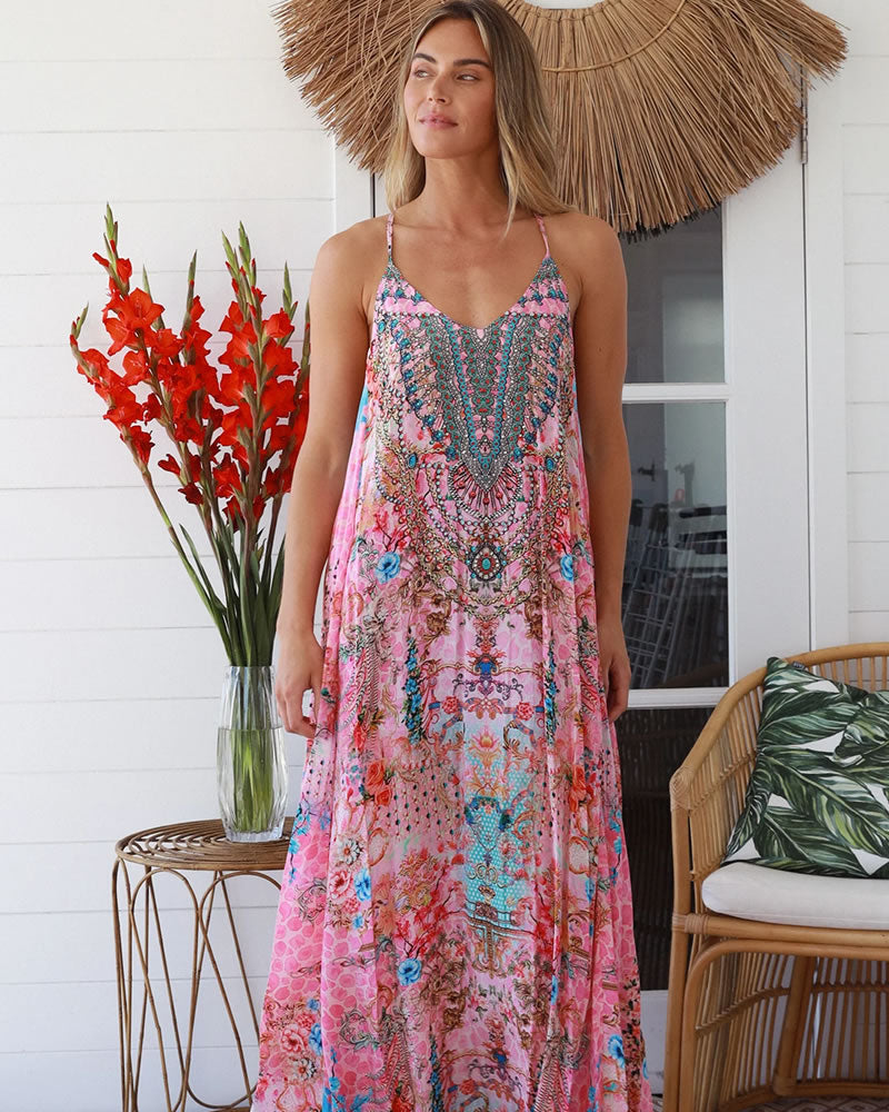 Peacock Feather Lucy Strappy Maxi Dress Multi Print Beaded Front