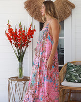 Peacock Feather Lucy Strappy Maxi Dress Multi Print Beaded Front