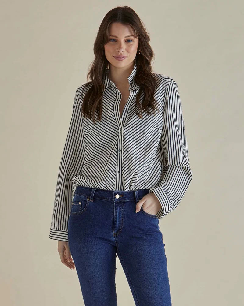 Betty Basics Crinkle Shirt Black/White Stripe