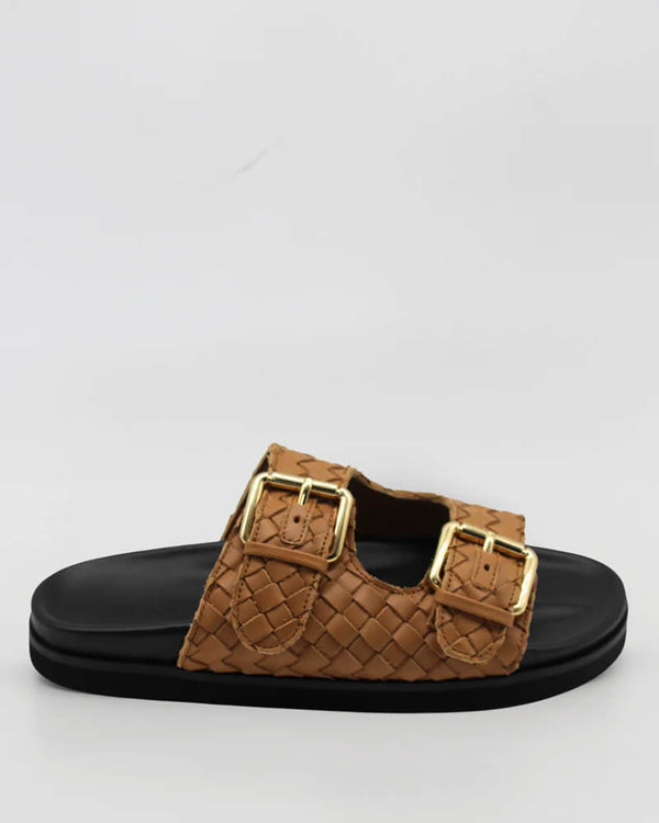  Human Shoes Blair Tan Woven Leather Double Buckle Slides