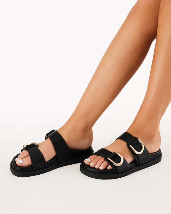  Billini Areli Black Slides with Gold Hardware