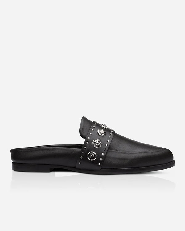  Sol Sana Tuesday Black Leather + Silver Hardware Mules
